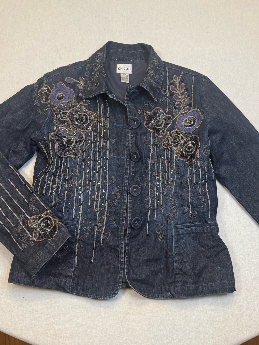 Chico's Navy Embroidered Beaded Denim Jacket